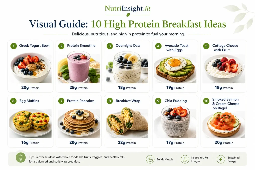 10 high protein breakfast ideas infographic showing protein-rich breakfast foods and estimated protein content per serving