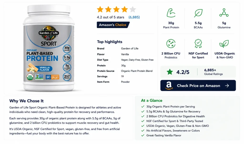 Garden of Life Sport Organic Plant-Based Protein infographic featuring nutrition facts, certifications, product highlights, and overall review rating.