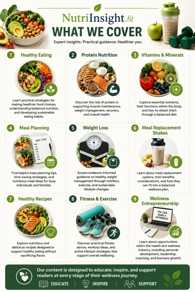 NutriInsight.fit health and wellness infographic covering nutrition, weight loss, meal planning, protein nutrition, healthy recipes, fitness, and wellness entrepreneurship.