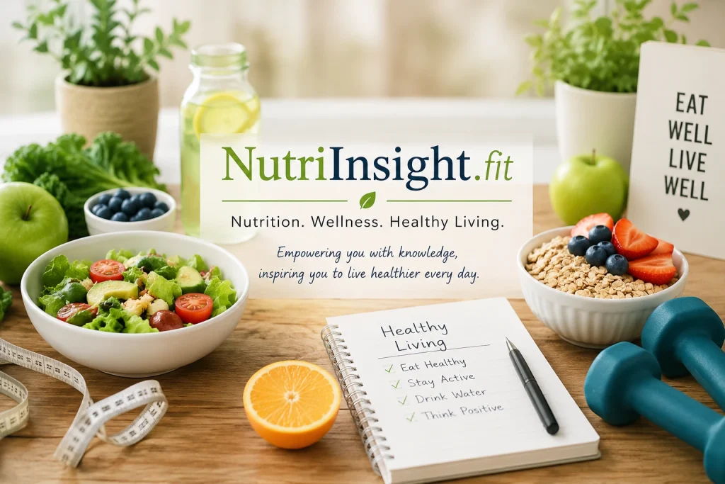 Healthy eating and fitness lifestyle with fresh fruits, vegetables, meal planning notebook, and exercise equipment.