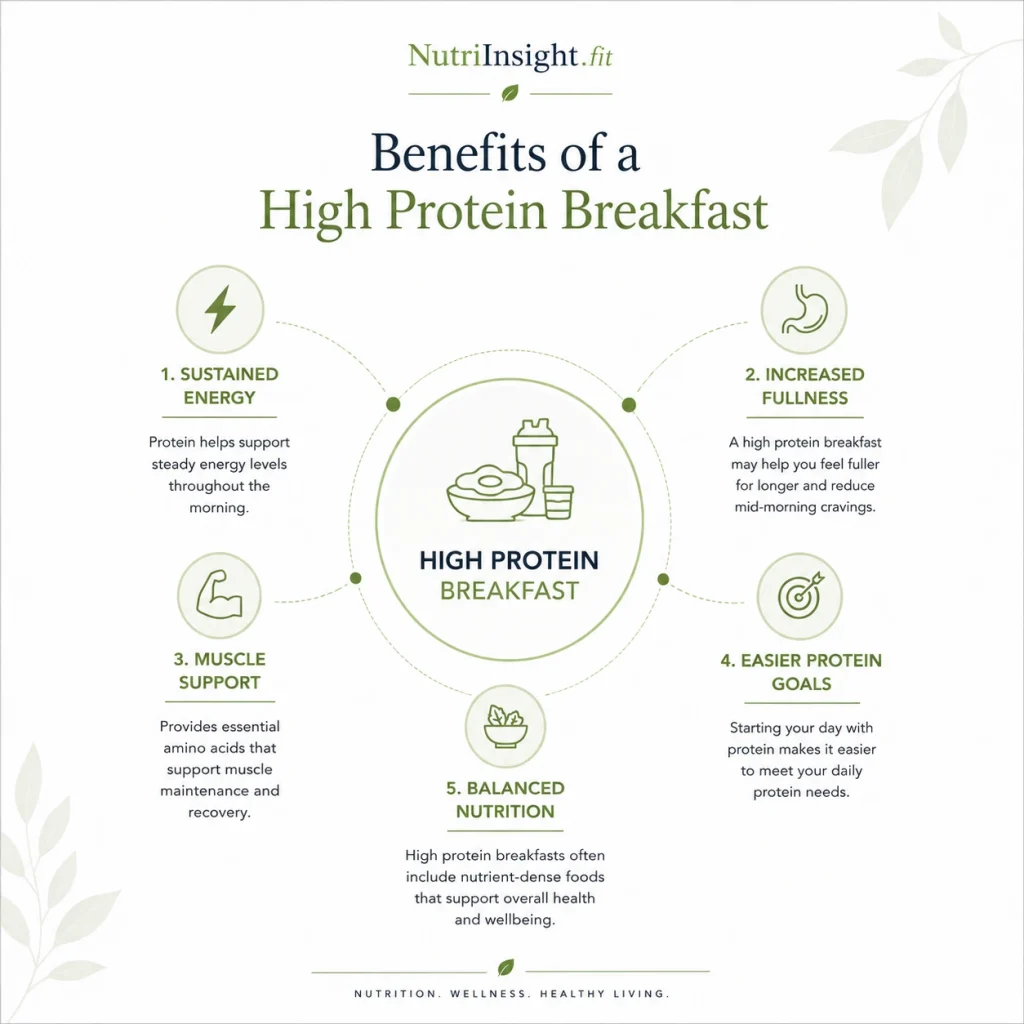 Benefits of a high protein breakfast including energy, fullness, muscle support, balanced nutrition, and daily protein intake