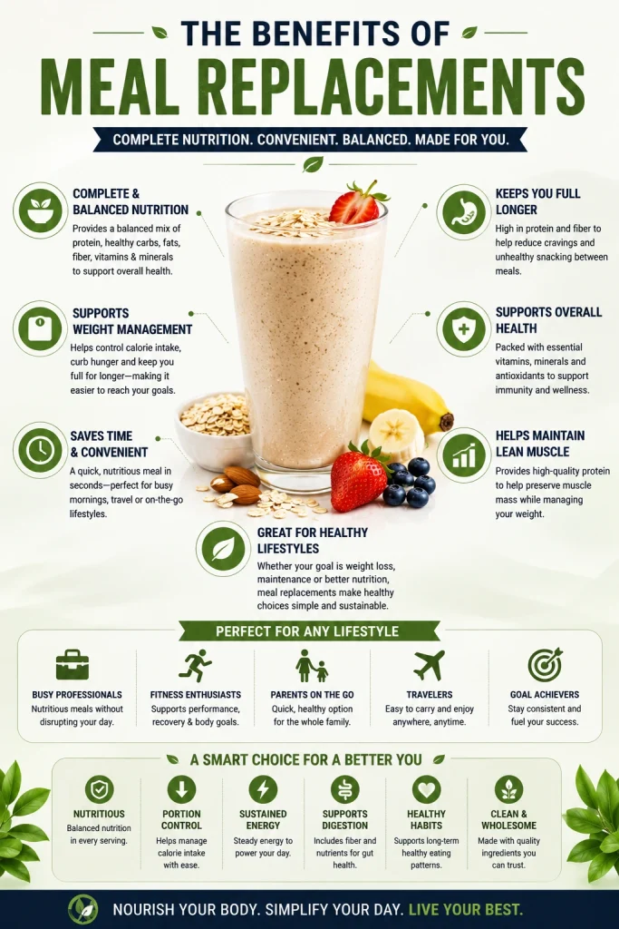Infographic showing the benefits of meal replacement shakes, including balanced nutrition, weight management support, convenience, sustained energy, digestive health, and healthy eating habits.