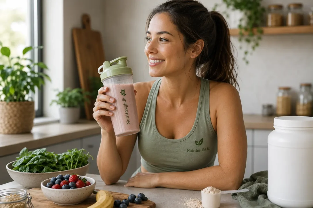 Woman drinking a protein shake in a healthy kitchen surrounded by nutritious ingredients