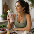 Woman drinking a protein shake in a healthy kitchen surrounded by nutritious ingredients