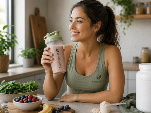 Woman drinking a protein shake in a healthy kitchen surrounded by nutritious ingredients
