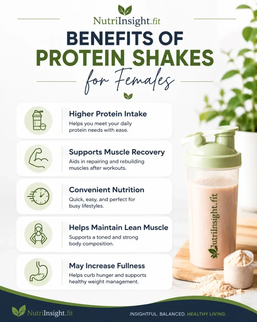Benefits of protein shakes for females infographic showing muscle recovery, protein intake, convenience, fullness, and lean muscle support