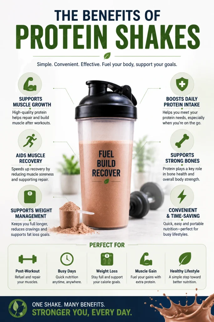 Infographic showing the key benefits of protein shakes, including muscle growth, recovery, weight management, increased protein intake, bone health, and convenience.