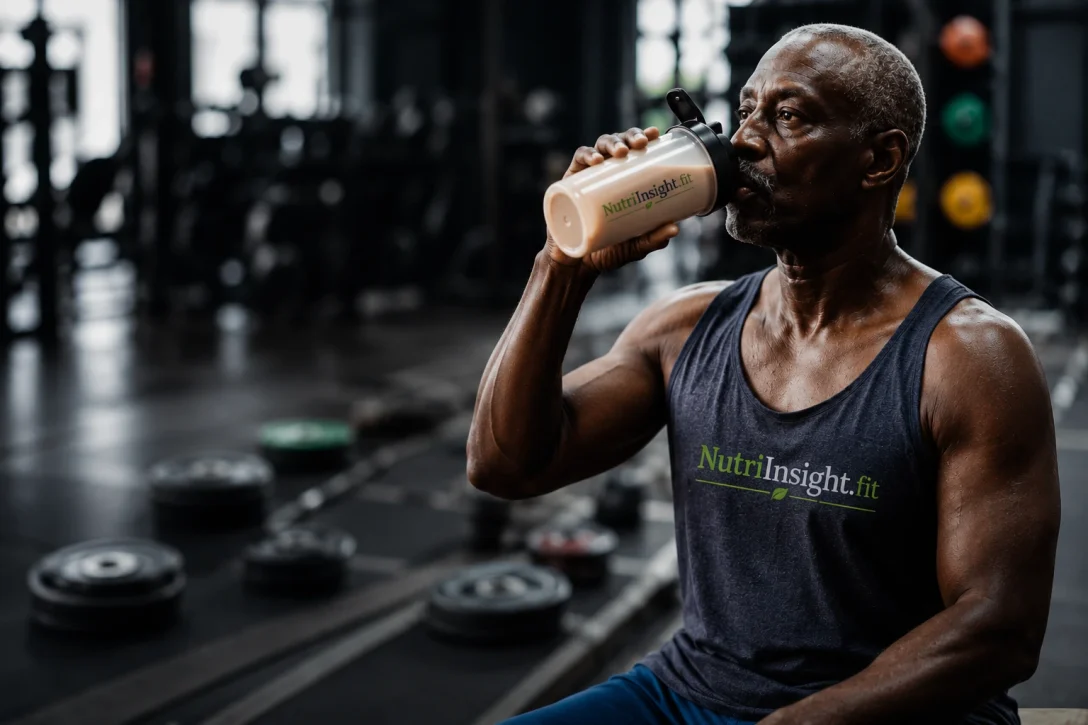 Fit man drinking a protein shake in a gym while supporting weight loss and healthy nutrition goals.