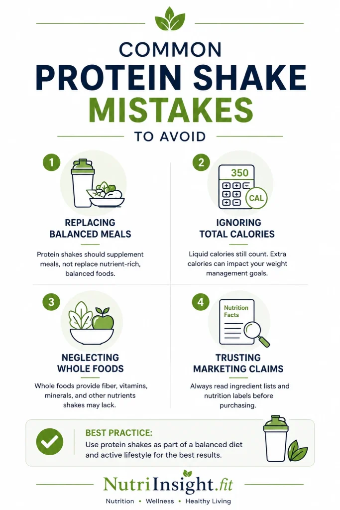 Infographic showing four common protein shake mistakes including replacing meals, ignoring calories, neglecting whole foods, and relying on marketing claims.