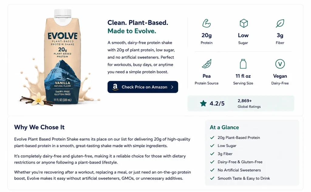 Evolve Plant-Based Shake review infographic showing 20g pea protein, dairy-free, gluten-free, vegan protein shake with product highlights and customer rating.