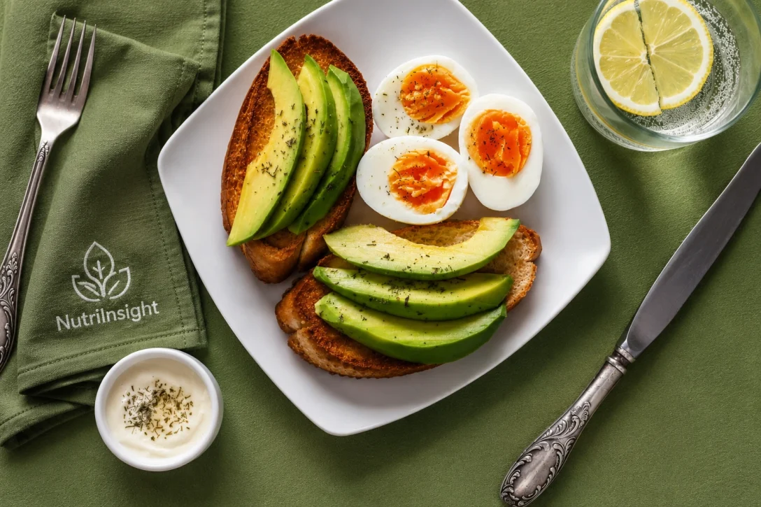 High protein breakfast ideas featuring avocado toast, soft-boiled eggs, lemon water, and a healthy breakfast setting
