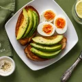High protein breakfast ideas featuring avocado toast, soft-boiled eggs, lemon water, and a healthy breakfast setting