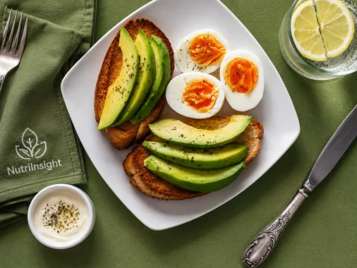 High protein breakfast ideas featuring avocado toast, soft-boiled eggs, lemon water, and a healthy breakfast setting