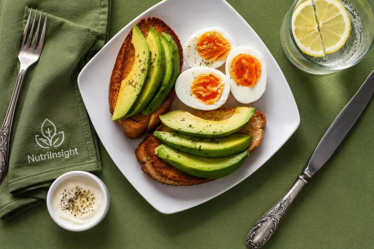 High protein breakfast ideas featuring avocado toast, soft-boiled eggs, lemon water, and a healthy breakfast setting