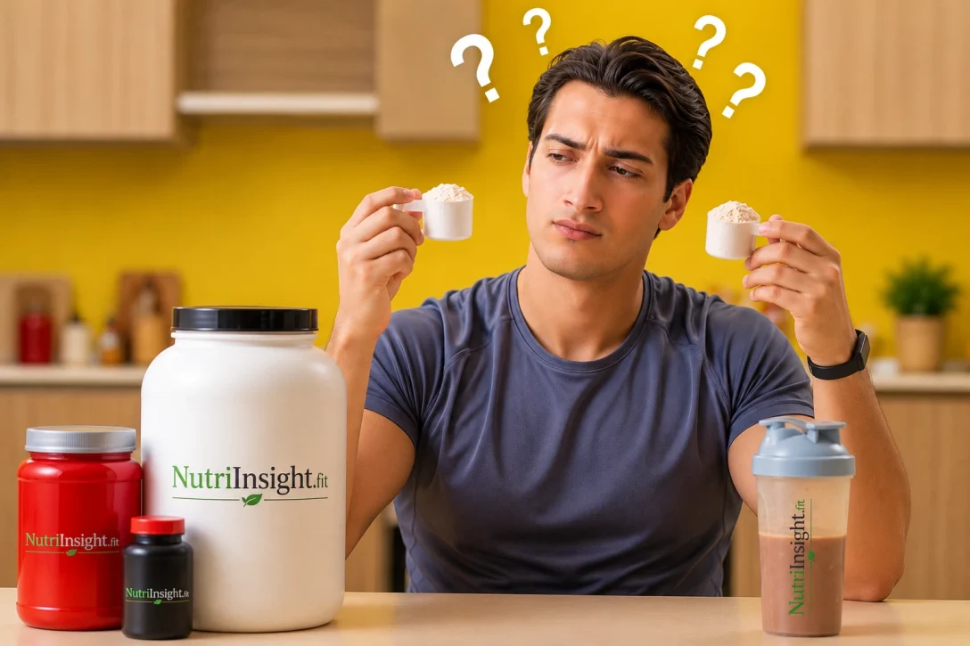Man comparing two scoops of protein powder with question marks overhead to illustrate how many scoops of protein powder should I take.