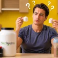Man comparing two scoops of protein powder with question marks overhead to illustrate how many scoops of protein powder should I take.
