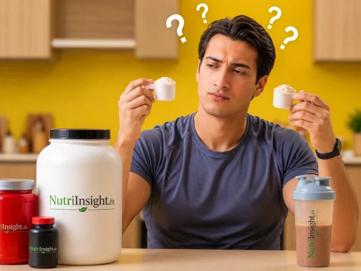 Man comparing two scoops of protein powder with question marks overhead to illustrate how many scoops of protein powder should I take.