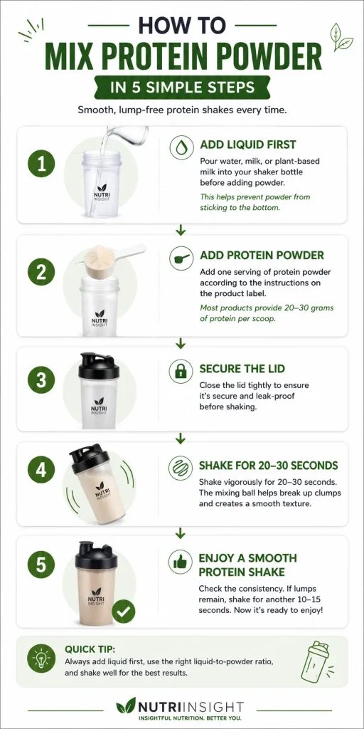 How to mix protein powder in five simple steps infographic showing the correct way to make smooth protein shakes