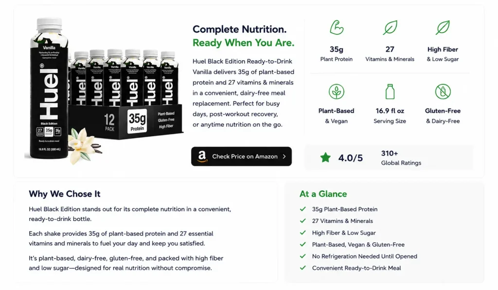 Huel Black Edition Ready-to-Drink Vanilla nutrition facts, product highlights, and review summary.