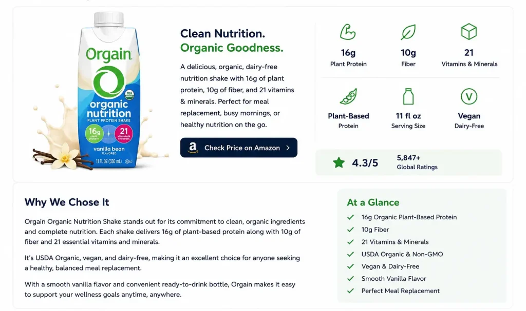 Orgain Organic Nutrition Shake Vanilla Bean review infographic showing 16g plant protein, USDA Organic, vegan dairy-free meal replacement shake.