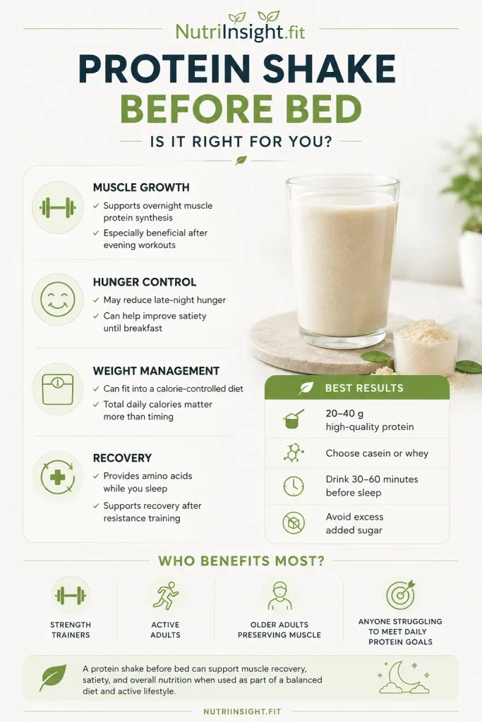 Protein shake before bed infographic showing benefits, best practices, and who benefits most