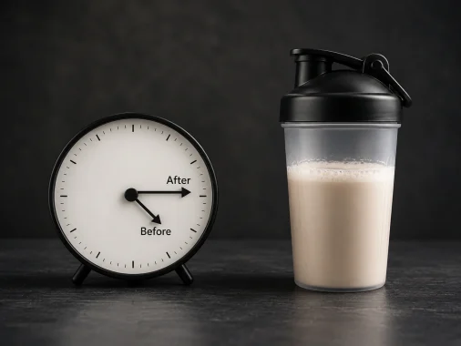 Protein shaker beside a minimalist clock illustrating the best time to drink a protein shake before or after a workout