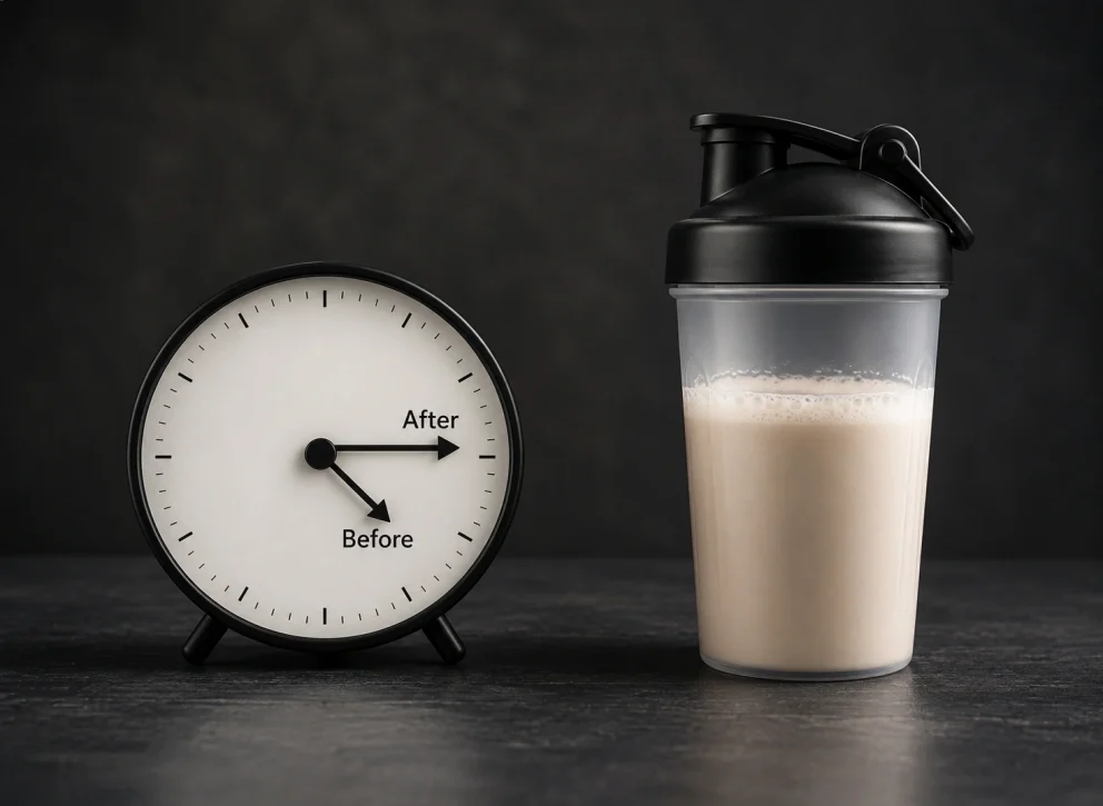 Protein shaker beside a minimalist clock illustrating the best time to drink a protein shake before or after a workout