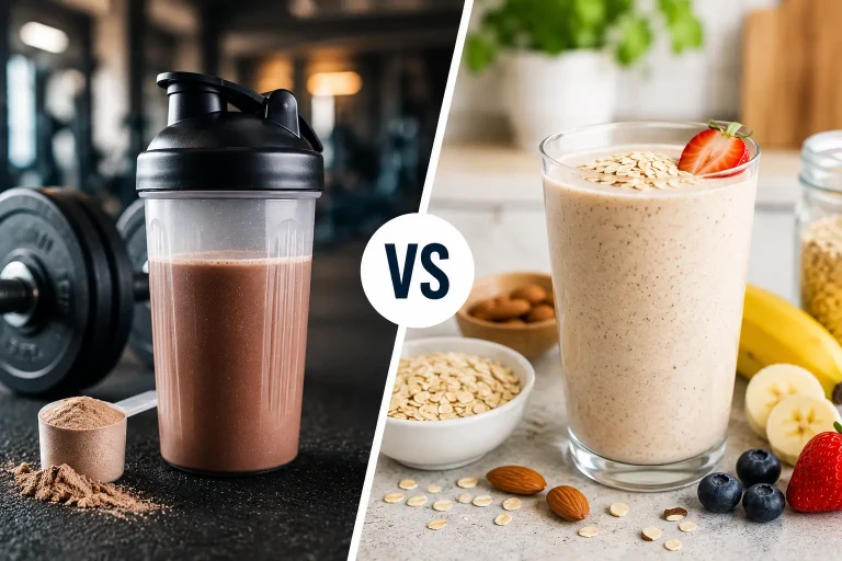 Protein shake and meal replacement shake comparison showing their different nutritional purposes.
