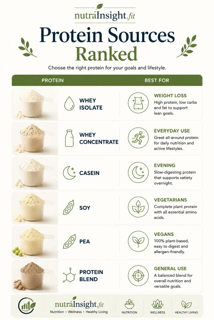 Minimal infographic ranking protein sources including whey isolate, whey concentrate, casein, soy, pea, and protein blends with their best uses for weight loss, everyday nutrition, evening use, vegetarian, vegan, and general health goals.