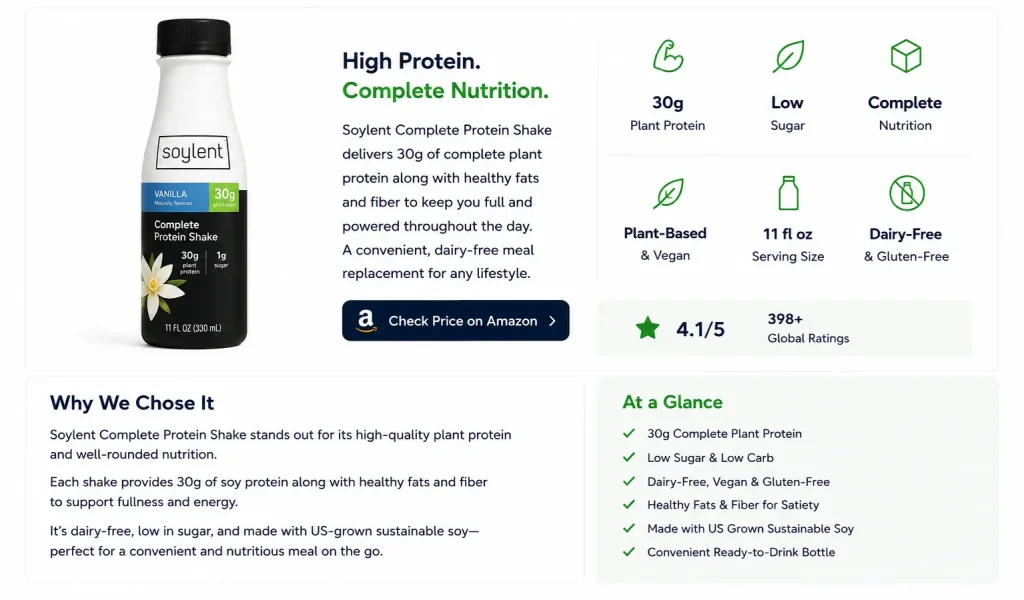 Soylent Complete Shake Vanilla review showing 30g plant protein, dairy-free meal replacement nutrition facts, rating, and product highlights.