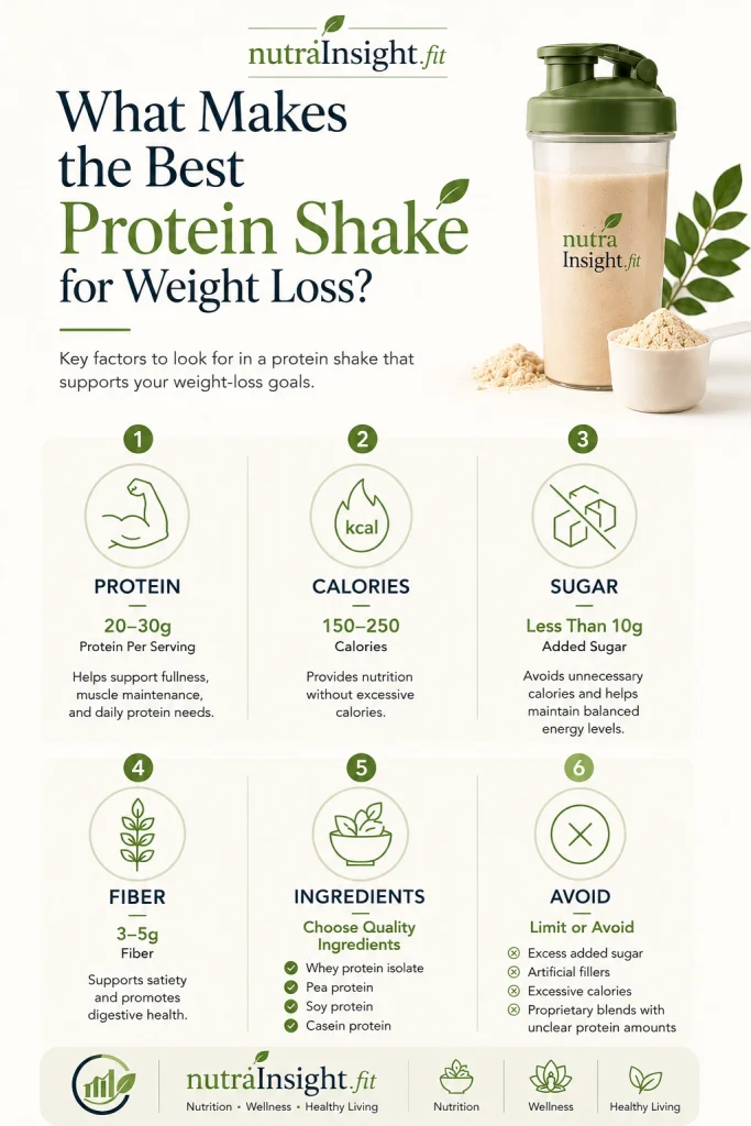 Infographic showing the key factors that make the best protein shake for weight loss, including protein content, calories, sugar, fiber, quality ingredients, and ingredients to avoid.