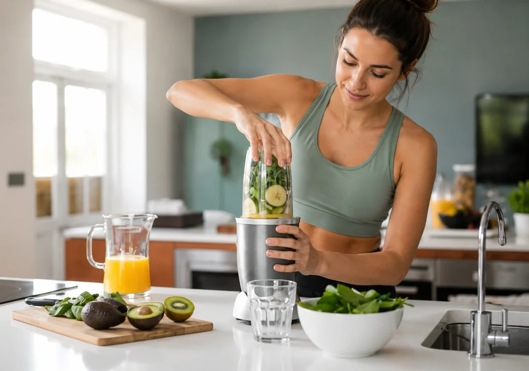 Woman preparing a healthy protein shake in a modern kitchen before drinking it after a workout.