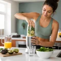 Woman preparing a healthy protein shake in a modern kitchen before drinking it after a workout.