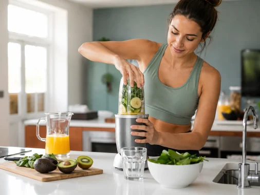 Woman preparing a healthy protein shake in a modern kitchen before drinking it after a workout.