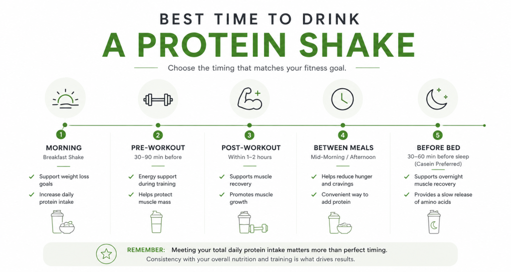 When is the best time to drink a protein shake? Infographic showing the ideal timing for breakfast, pre-workout, post-workout, between meals, and before bed based on different fitness goals.