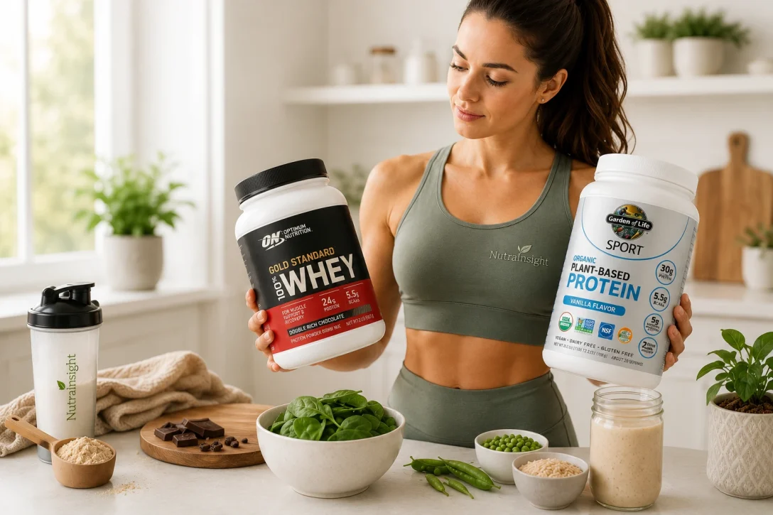 Whey protein vs plant protein comparison with whey and plant-based protein powders