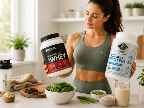 Whey protein vs plant protein comparison with whey and plant-based protein powders