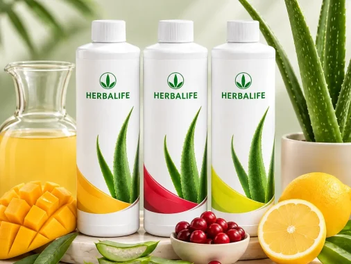 A minimalist infographic comparing Herbalife Aloe Concentrate with raw aloe juice, highlighting differences in purity, taste, safety, formulation and quality control.