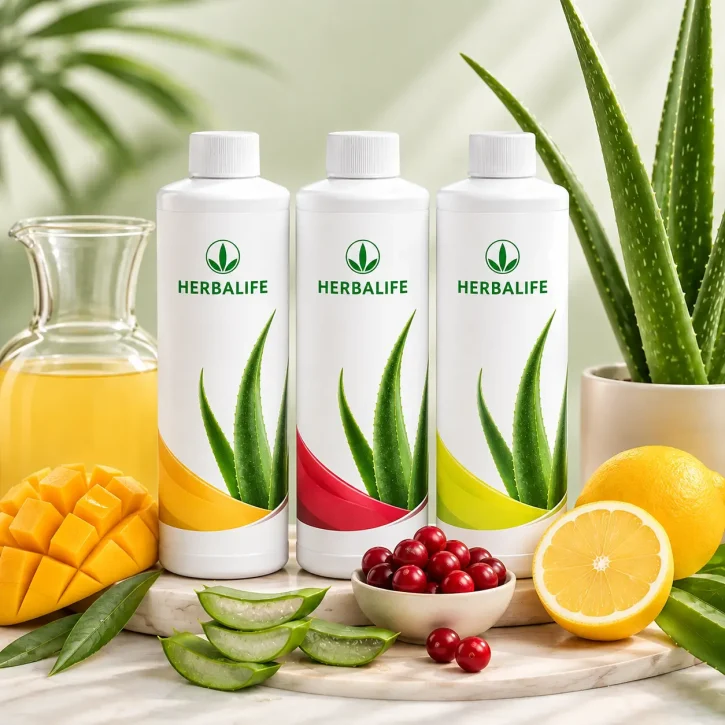 A minimalist infographic comparing Herbalife Aloe Concentrate with raw aloe juice, highlighting differences in purity, taste, safety, formulation and quality control.
