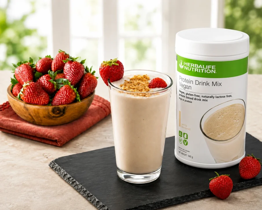 Herbalife Protein Drink Mix Vanilla prepared as a creamy high-protein nutrition shake