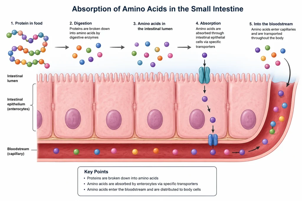 2D scientific illustration showing amino acids being absorbed through the small intestine into the bloodstream via intestinal epithelial cells.