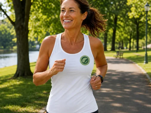 Healthy woman over 40 jogging outdoors wearing a white fitness top with NutriInsight logo, representing healthy aging and daily wellness.