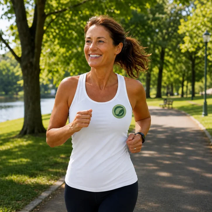Healthy woman over 40 jogging outdoors wearing a white fitness top with NutriInsight logo, representing healthy aging and daily wellness.
