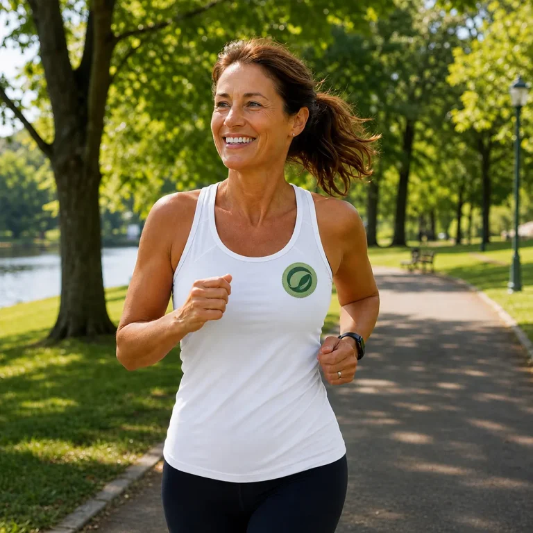 Healthy woman over 40 jogging outdoors wearing a white fitness top with NutriInsight logo, representing healthy aging and daily wellness.