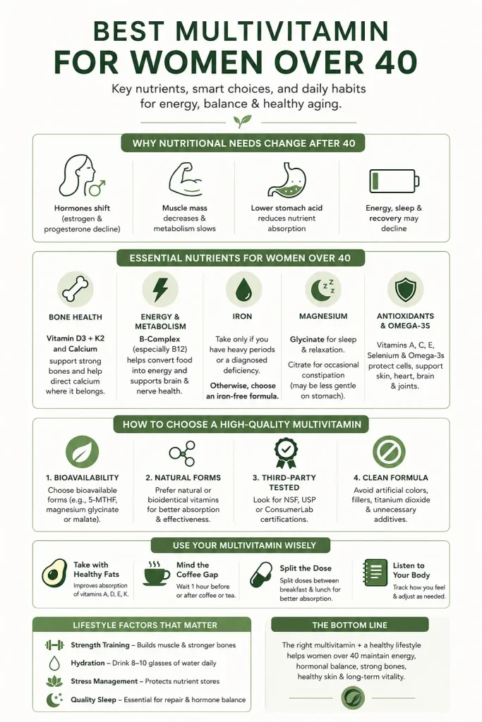 Infographic showing the essential nutrients, lifestyle habits, and supplement tips for choosing the best multivitamin for women over 40.