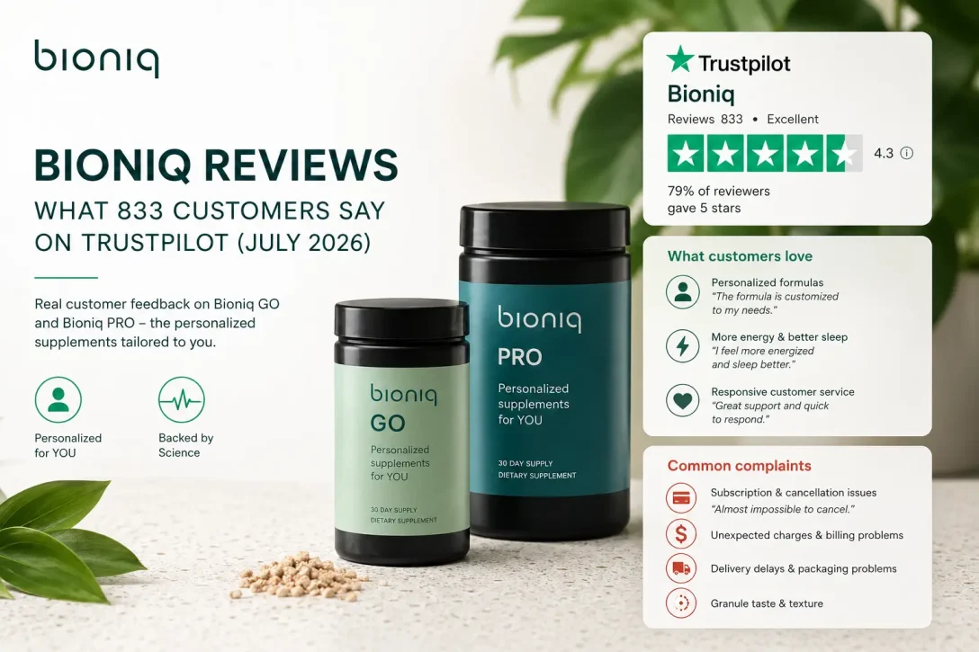 Bioniq Reviews 2026 showing Trustpilot customer ratings, personalized supplements, and analysis of 833 customer reviews.