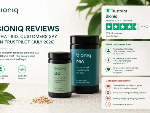Bioniq Reviews 2026 showing Trustpilot customer ratings, personalized supplements, and analysis of 833 customer reviews.