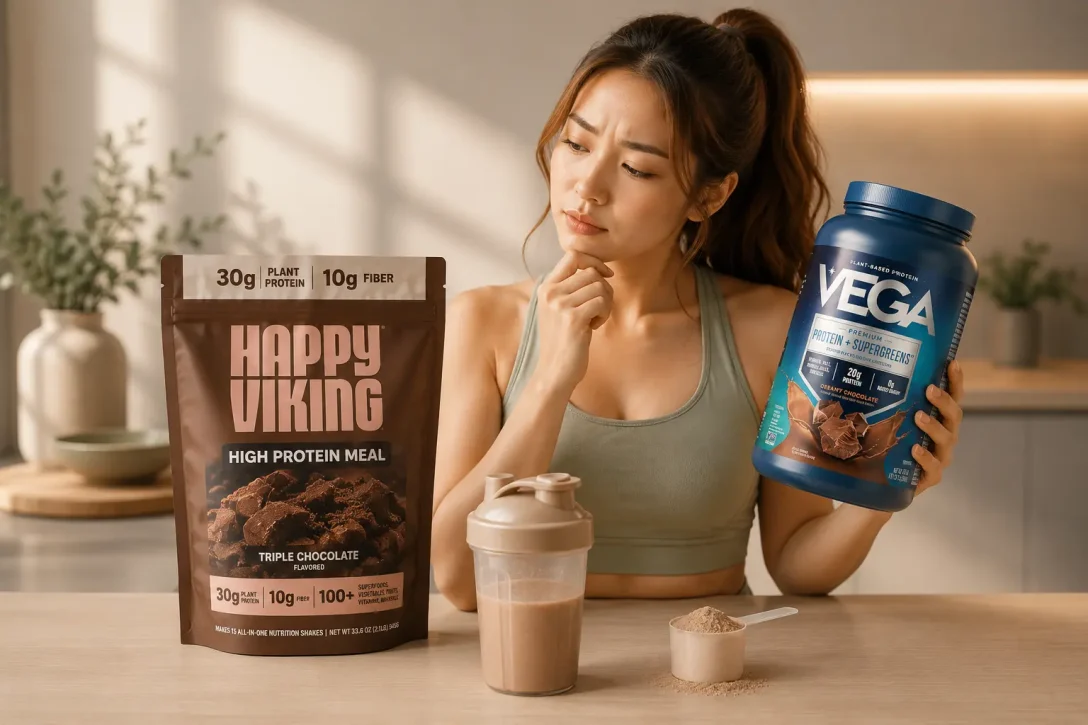 Woman checking a protein powder container and wondering if protein shakes expire in a modern kitchen