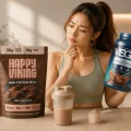 Woman checking a protein powder container and wondering if protein shakes expire in a modern kitchen