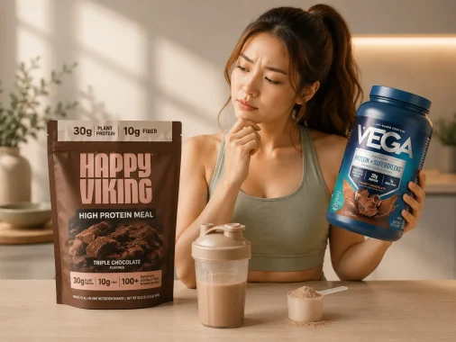 Woman checking a protein powder container and wondering if protein shakes expire in a modern kitchen